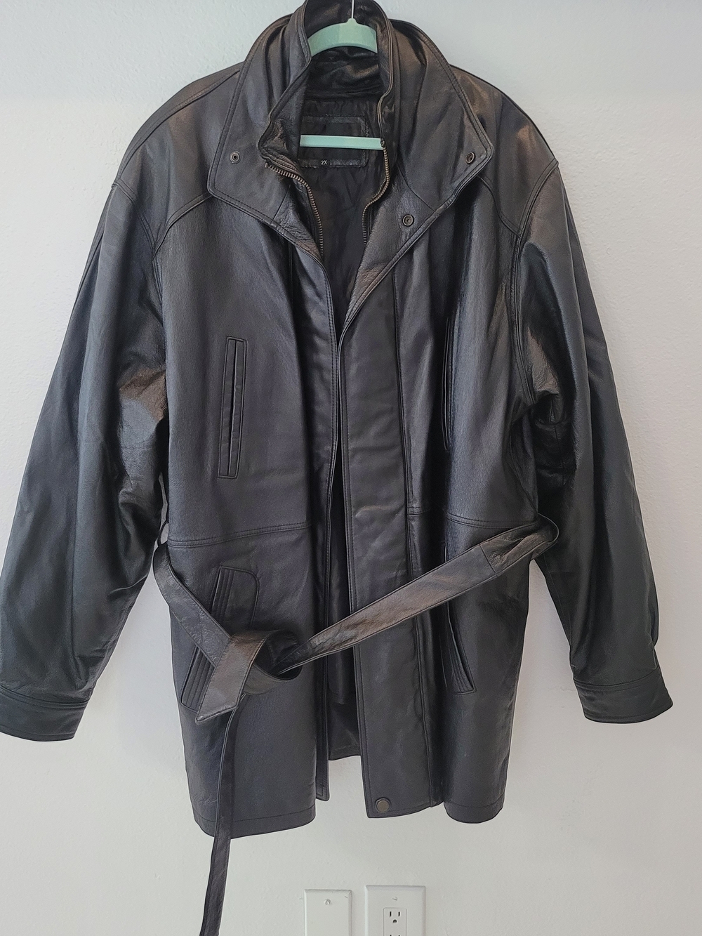 Charles  Klein Black Leather Men Trench Coat with Belt Size 2XL